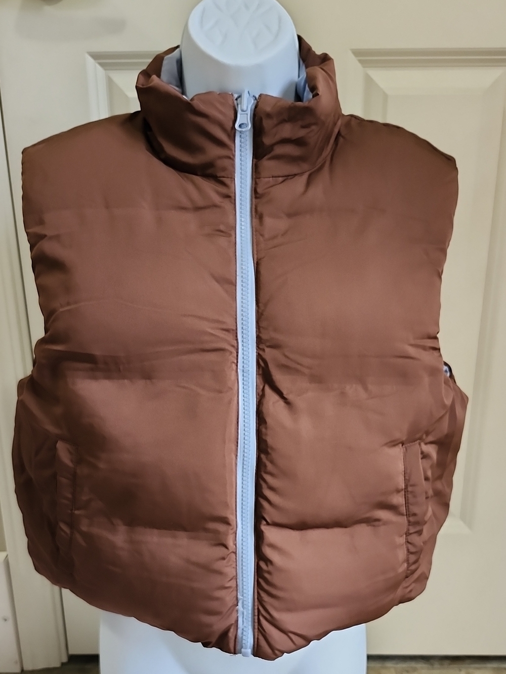 Thread & Supply Reversible Puffer Vest Brown Light Baby Blue Zipper Small